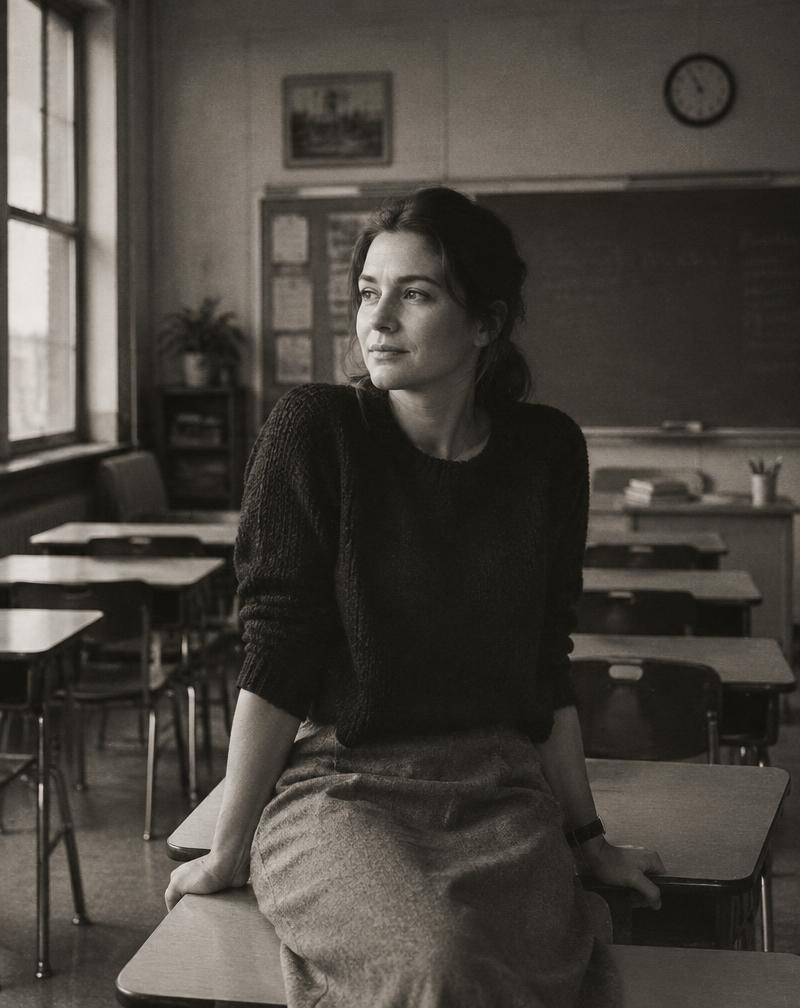 Teacher sitting on a desk in an empty classroom